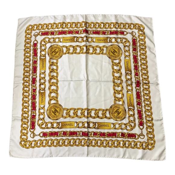 CHANEL Coco Mark Ivory x Multicolor Chain Pattern Square Silk Scarf /W Box - Picture 3 of 11